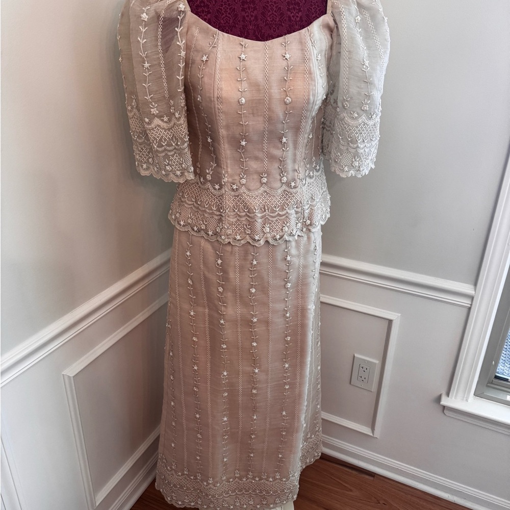 Elegant Beige Filipiniana Formal Dress. Butterfly Sleeves.
